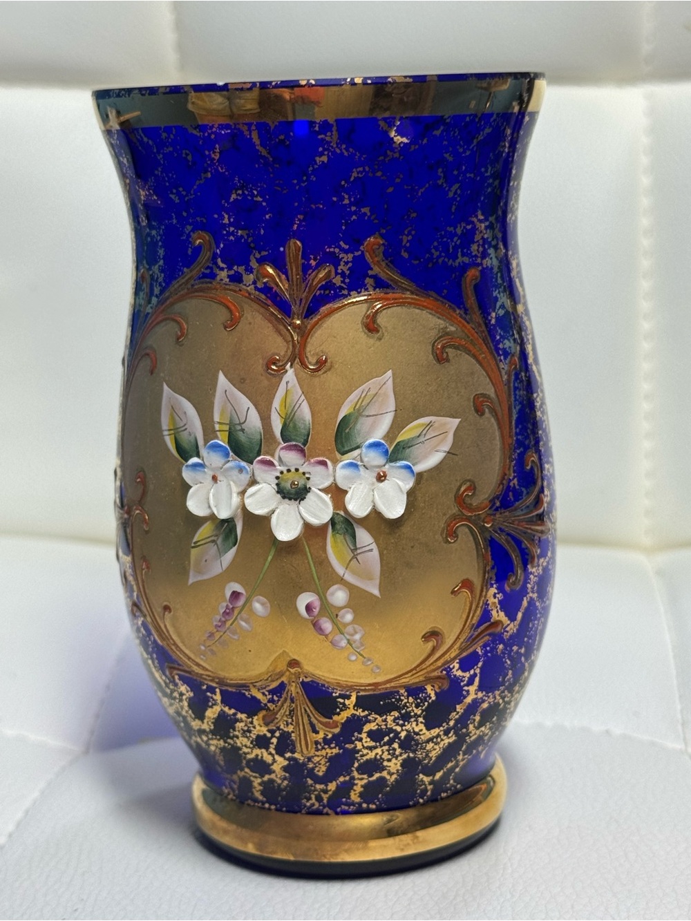 Vintage Bohemian Cobalt Blue
Glass Vase with Gold Gilded Detailing and Raised En